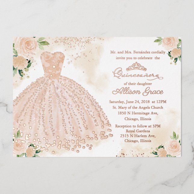 Invitación Quinceanera Floral Rubor Gown Rosa Gold (Anverso)