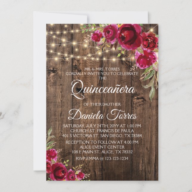 Invitación Quinceañera floral rústica 15 (Anverso)