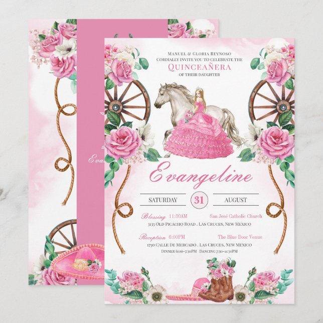 Invitación Quinceañera floral rústica de rosa Charra Occident (Anverso / Reverso)
