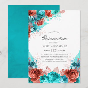 Invitación Quinceañera Floral Rústica Turquesa y Coral