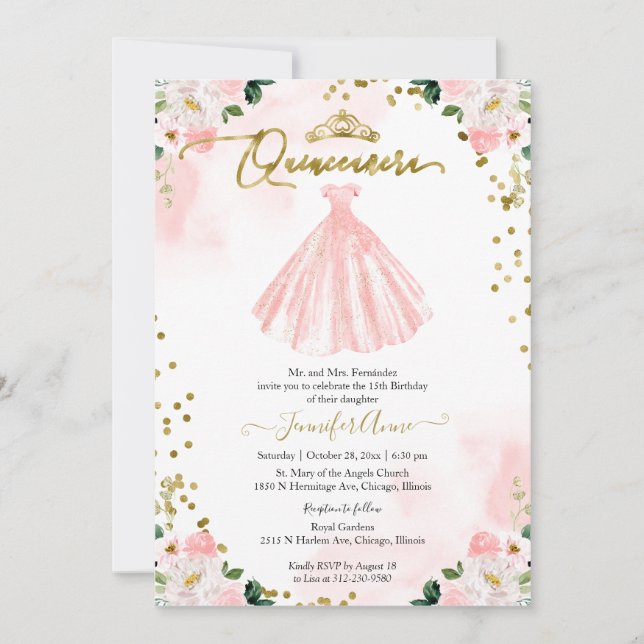Invitación Quinceañera Floral Sonrojada Bilingüe (Anverso)