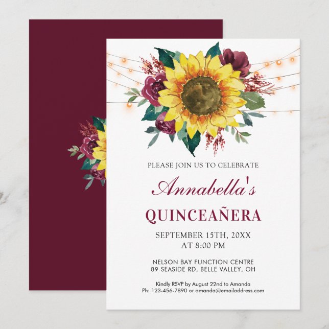 Invitación Quinceanera Floral Sunflower Lights Fiesta (Anverso / Reverso)