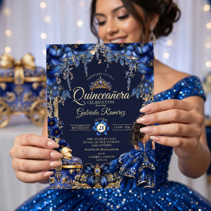 Invitación Quinceañera Floral Tiara Azul Real Dorada