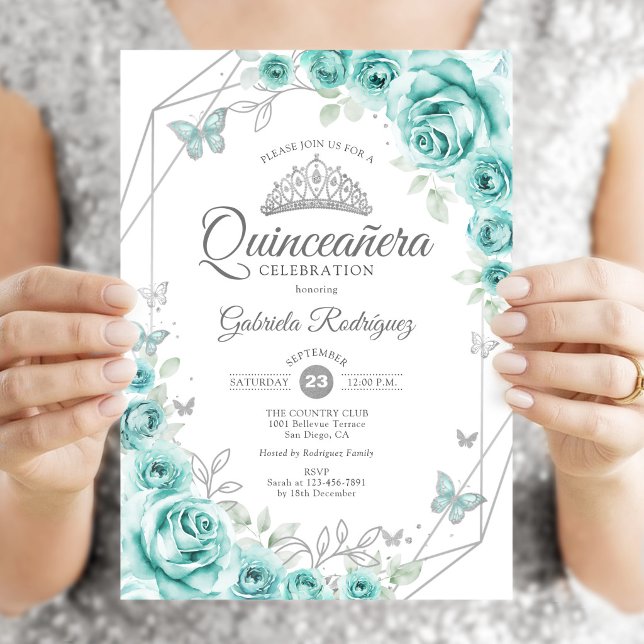 Invitación Quinceañera Floral Turquesa Plata (Subido por el creador)