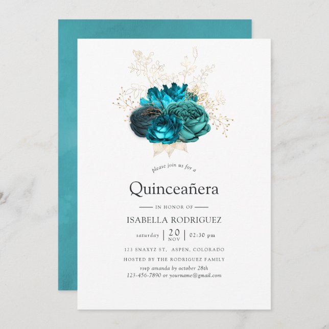 Invitación Quinceañera floral verde azulada y dorada (Anverso / Reverso)