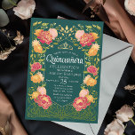 Invitación Quinceanera floral verde encantada<br><div class="desc">¡Celebra tu Quinceañera en un jardín encantado! Esta invitación se caracteriza por un marco exuberante de flores rosadas y naranjas con acentos dorados sobre un fondo verde, añadiendo un toque mágico a tu día especial. Personalízalo para satisfacer tus necesidades. NOTA: El oro que aparece en este producto NO es un...</div>