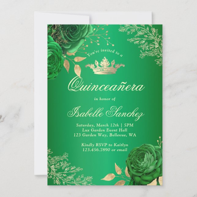 Invitación Quinceañera floral verde esmeralda (Anverso)