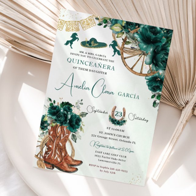 Invitación Quinceanera floral verde esmeralda (Subido por el creador)