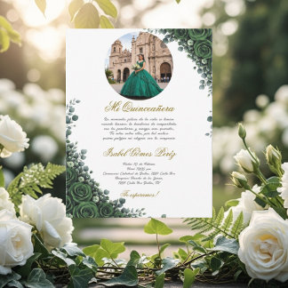 Invitación Quinceañera floral verde esmeralda con imagen