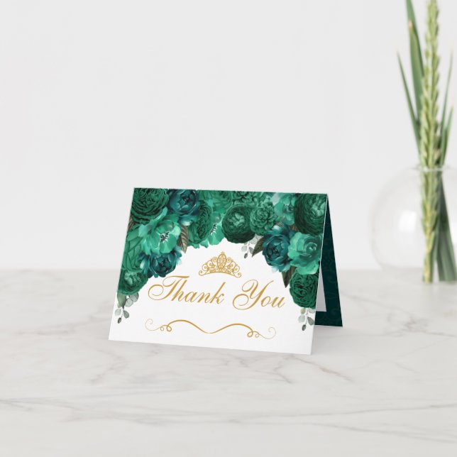 Invitación Quinceanera floral verde esmeralda gracias (Anverso)