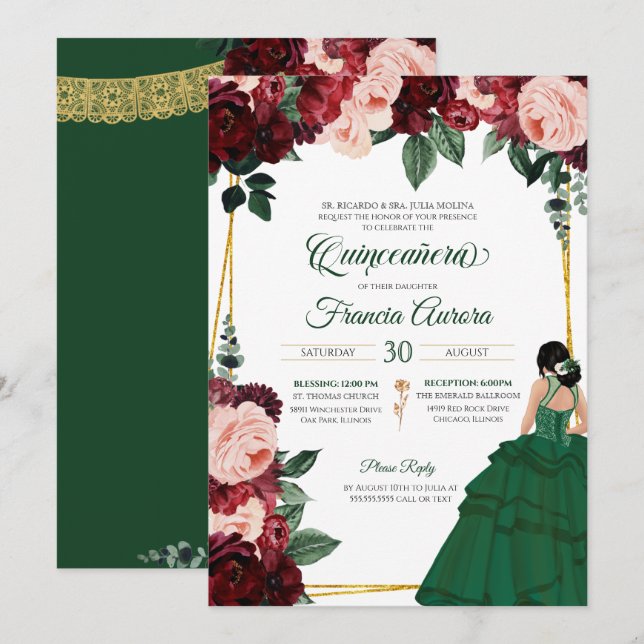 Invitación Quinceanera floral verde esmeralda y borgoñona (Anverso / Reverso)