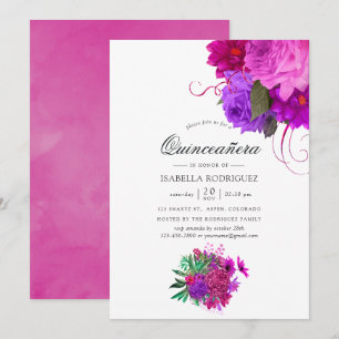 Invitación Quinceañera Floral Vintage Chic de Color Fuchsia y