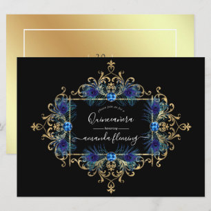Invitación Quinceañera Floral Vintage de Azul y Dorado Pavo R