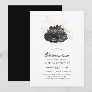 Invitación Quinceañera floral vintage de color negro y oro