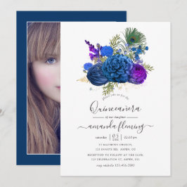 Invitación Quinceañera Floral Vintage de Pavo Real Azul Marin