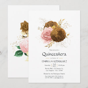 Invitación Quinceañera floral vintage rosa y dorada