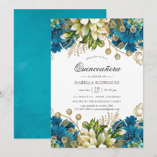 Invitación Quinceañera Floral Vintage Turquesa y Dorado