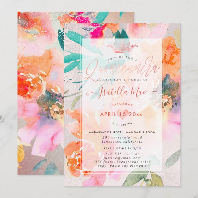 Invitación Quinceanera Floral Watercolor Garden Rosas (Anverso / Reverso)