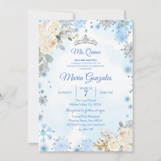 Invitación Quinceanera floral y de plata para copos de nieve  (Anverso)