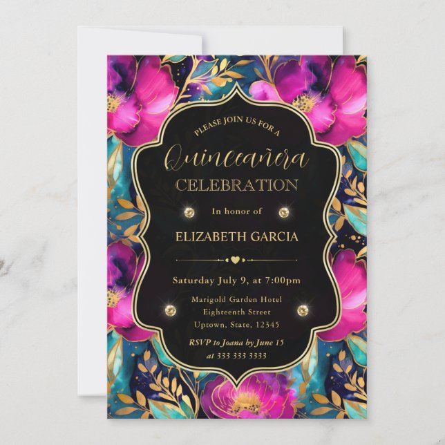 Invitación Quinceañera Flores Acuarela Moradas y Turquesa (Anverso)