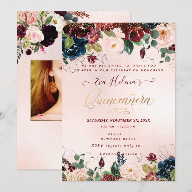 Invitación Quinceañera, Flores acuarela rosadas Sangria DIY (Anverso / Reverso)