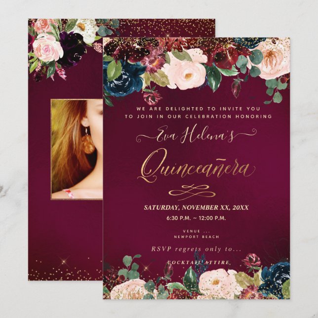 Invitación Quinceañera, Flores acuáticas de Rubor DIY Sangria (Anverso / Reverso)