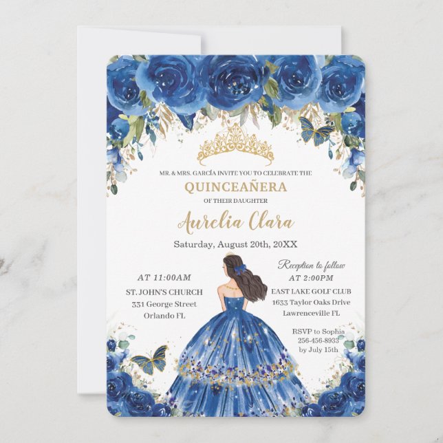 Invitación Quinceañera Flores azules azules de las mariposas  (Anverso)