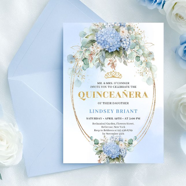 Invitación Quinceañera Flores Azules Elegantes (Chic Blue Flowers Greenery Quinceañera Invitation)