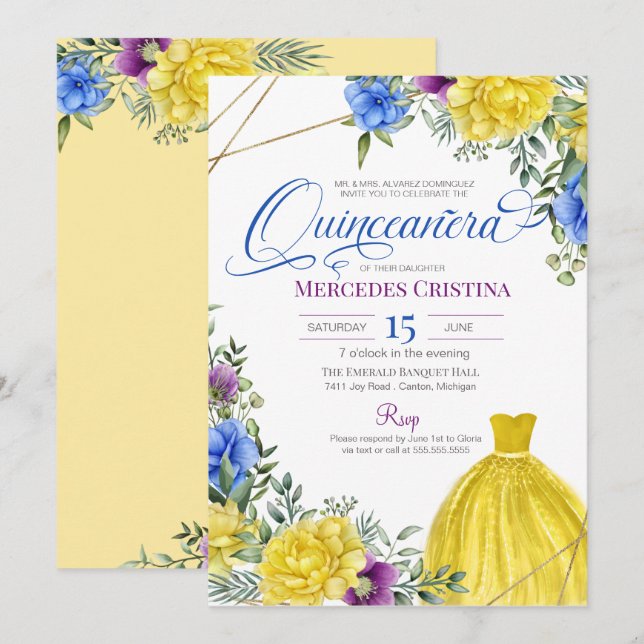 Invitación Quinceañera Flores brillantes de color amarillo (Anverso / Reverso)