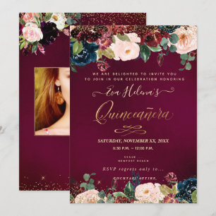 Invitación Quinceañera, Flores de Acuarela Rosadas Sangria DI