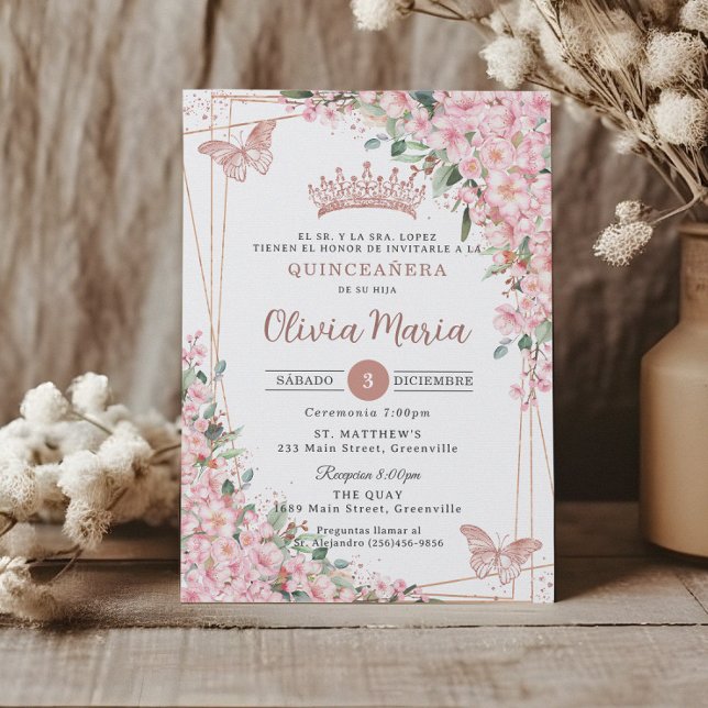 Invitación Quinceañera Flores de Cerezo Rosa Mariposas de Oro (Subido por el creador)