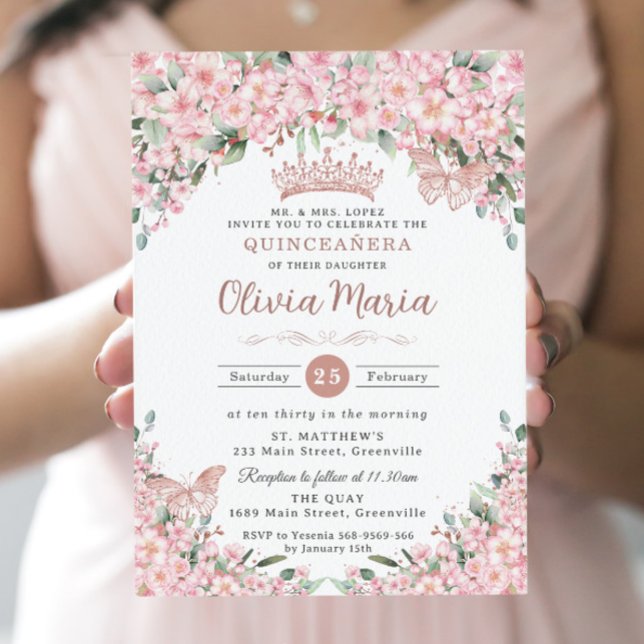 Invitación Quinceañera Flores de Cerezo Rosa Mariposas de Oro (Subido por el creador)