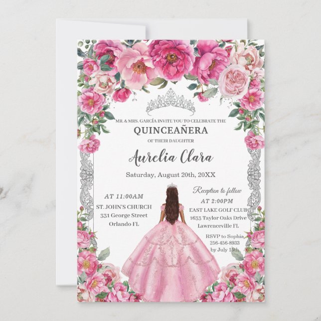Invitación Quinceañera Flores De Fuchsia Rosa Vestidos De Pla (Anverso)