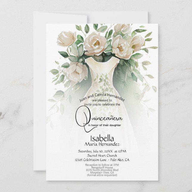 Invitación Quinceañera | Flores de marfil y vestidos (Anverso)