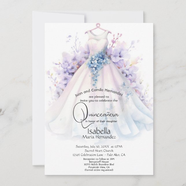 Invitación Quinceañera | Flores FL moradas y azules con bata  (Anverso)