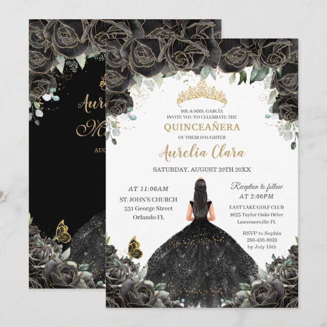 Invitación Quinceañera Flores Florales Negras Chica Vestido O (Anverso / Reverso)