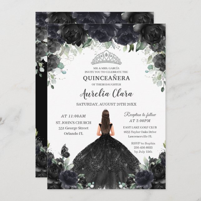 Invitación Quinceañera Flores Florales Negras Chica Vestido P (Anverso / Reverso)