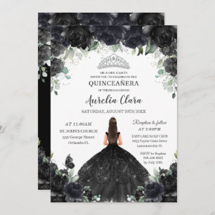 Invitación Quinceañera Flores Florales Negras Chica Vestido P
