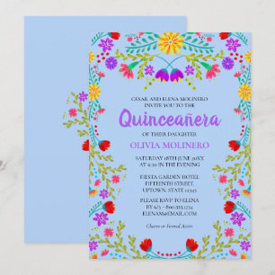 Invitación Quinceañera Flores Mexicanas Azul Claro Cumpleaños