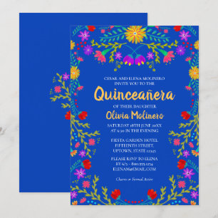 Invitación Quinceañera Flores Mexicanas Azul Real Cumpleaños