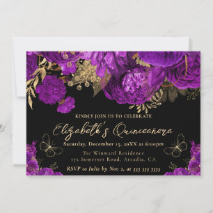 Invitación Quinceañera Flores Purpura y Doradas en Acuarela