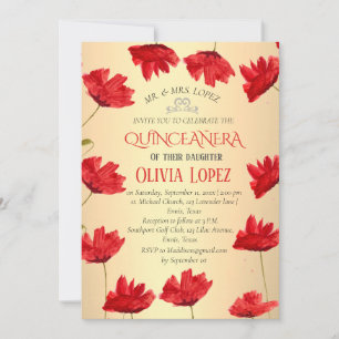 Invitación Quinceañera Flores Rojas Amapolas Modernas Cumplea