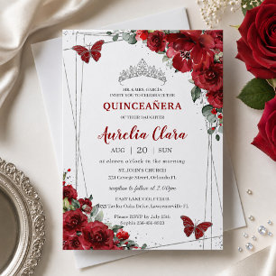 Invitación Quinceañera Flores Rojas Floral Mariposa de Plata