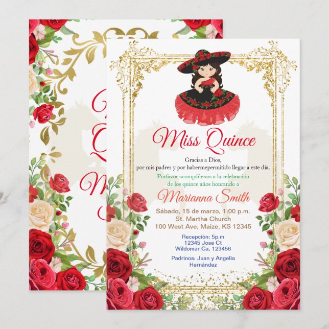 Invitación Quinceañera Flores Rosas Rojas,  (Anverso / Reverso)