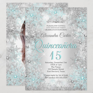 Invitación Quinceañera Foto 15º plateada azul teal copo de ni