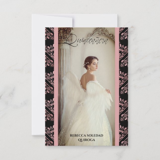 Invitación Quinceañera Foto Damasco Rosa Español (Anverso)