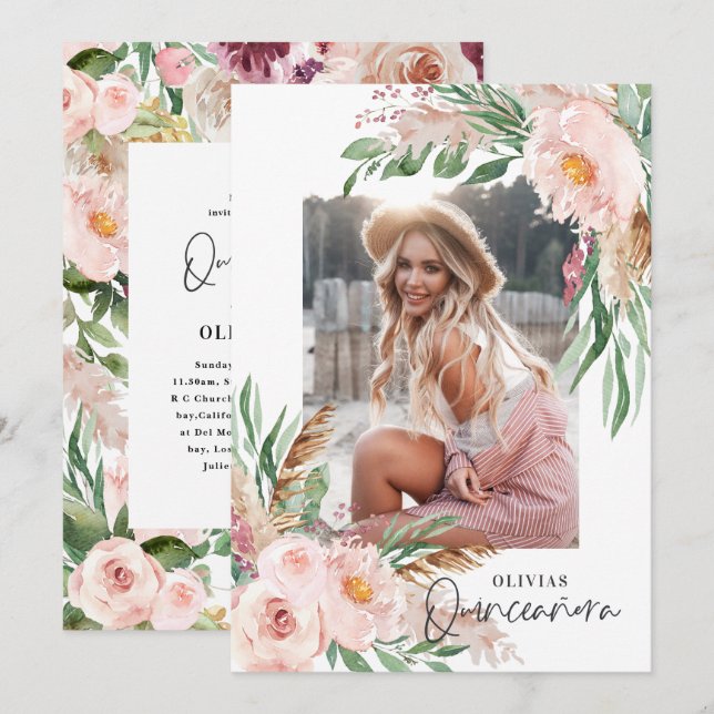 Invitación Quinceañera Foto de cumpleaños de una chica rosada (Anverso / Reverso)