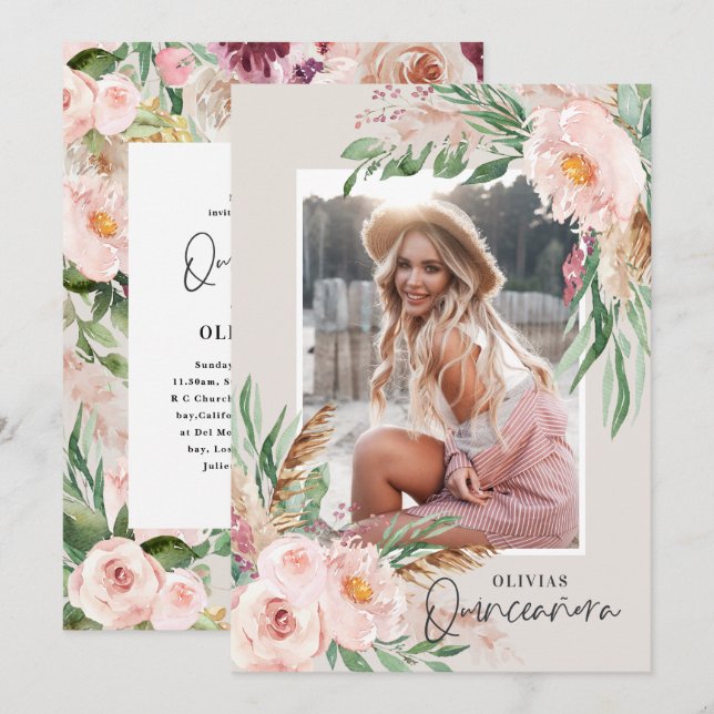 Invitación Quinceañera Foto de cumpleaños de una chica rosada (Anverso / Reverso)