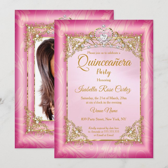 Invitación Quinceanera foto de Damasco rosa profundo Gold Tia (Anverso / Reverso)