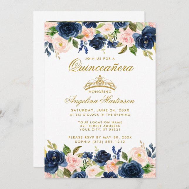 Invitación Quinceanera Foto De La Corona De Oro Azul Rosa (Anverso / Reverso)